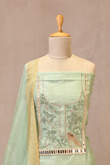 Sage Green Linen Unstitched Suit Set with Applique Work and Zardozi Embroidery