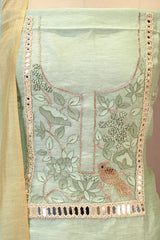 Sage Green Linen Unstitched Suit Set with Applique Work and Zardozi Embroidery