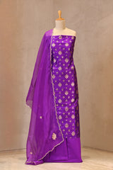 Deep Purple Raw Silk Unstitched Suit Set with Organza Silk Dupatta