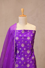 Deep Purple Raw Silk Unstitched Suit Set with Organza Silk Dupatta