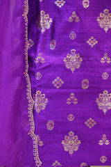 Deep Purple Raw Silk Unstitched Suit Set with Organza Silk Dupatta