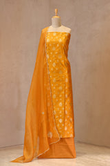 Yellow Pure Raw Silk Three Piece Unstitched Suit Set with Watergold Zari Woven Floral Buta and Embellished Organza Dupatta