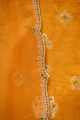 Yellow Pure Raw Silk Three Piece Unstitched Suit Set with Watergold Zari Woven Floral Buta and Embellished Organza Dupatta