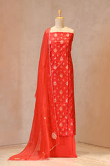 Red Raw Silk Three Piece Unstitched Suit Set with Watergold Zari Woven Buta