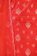Red Raw Silk Three Piece Unstitched Suit Set with Watergold Zari Woven Buta