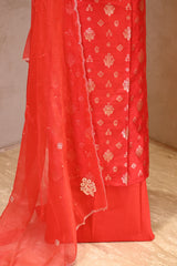 Red Raw Silk Three Piece Unstitched Suit Set with Watergold Zari Woven Buta