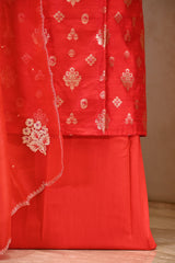 Red Raw Silk Three Piece Unstitched Suit Set with Watergold Zari Woven Buta