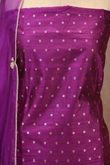 Magenta Raw Silk Three Piece Unstitched Suit Set with Zari Woven Floral Buti