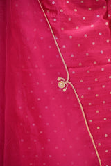 Hot Pink Raw Silk Three Piece Unstitched Suit Set with Zari Woven Floral Buti