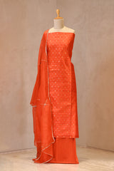Orange Raw Silk Unstitched Suit Set with Zari Woven Star Butis