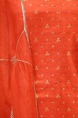 Orange Raw Silk Unstitched Suit Set with Zari Woven Star Butis