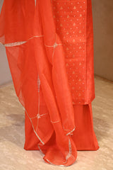Orange Raw Silk Unstitched Suit Set with Zari Woven Star Butis