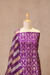 Wine Pure Raw Silk Unstitched Suit Set with Watergold Zari Woven Floral Jaal