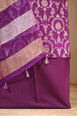 Wine Pure Raw Silk Unstitched Suit Set with Watergold Zari Woven Floral Jaal