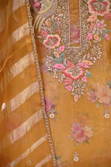 Mustard Yellow Tissue Silk Unstitched Suit Set with Floral Print