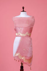 Peach Handwoven Organza Silk Dupatta By Chinaya Banaras