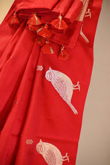 Red Banarasi Silk Dupatta with Zari Birds Motifs