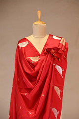 Red Banarasi Silk Dupatta with Zari Birds Motifs