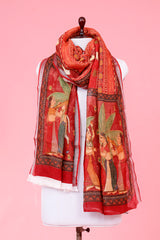 Dupatta, Red Dupatta, Pichwai Dupatta, Dupatta for women, Printed Dupatta, Linen Dupatta