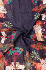 Black Linen Dupatta with Digital Printed Kalamkari Motifs