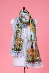 Dupatta,sky blue Dupatta, Pichwai Dupatta, Dupatta for women, Printed Dupatta, Linen Dupatta