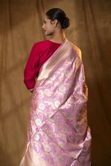 Baby Pink Handloom Banarasi Dupatta with Gold Zari Floral Jaal