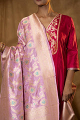 Baby Pink Handloom Banarasi Dupatta with Gold Zari Floral Jaal