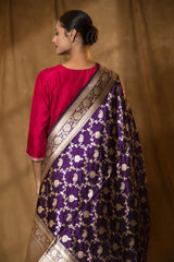Deep Purple Handloom Banarasi Silk Dupatta with Gold Zari Floral Jaal