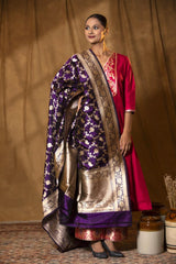 Deep Purple Handloom Banarasi Silk Dupatta with Gold Zari Floral Jaal
