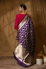 Deep Purple Handloom Banarasi Silk Dupatta with Gold Zari Floral Jaal