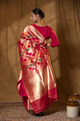 Deep Red Handloom Banarasi Dupatta with Gold Zari Stripes