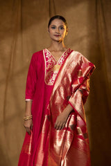 Deep Red Handloom Banarasi Dupatta with Gold Zari Stripes