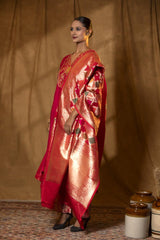 Deep Red Handloom Banarasi Dupatta with Gold Zari Stripes