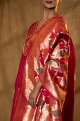 Deep Red Handloom Banarasi Dupatta with Gold Zari Stripes