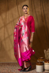 Magenta Pink Handloom Banarasi Dupatta with Rangkat Floral Work