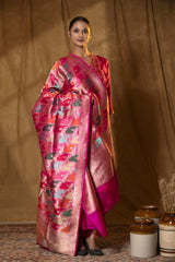 Magenta Pink Handloom Banarasi Dupatta with Rangkat Floral Work