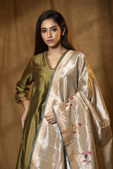 Shimmery Grey Handloom Tissue Silk Banarasi Dupatta with Meenakari Motifs