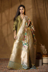 Green Handloom Banarasi Dupatta with Gold Zari Rangkat Stripes