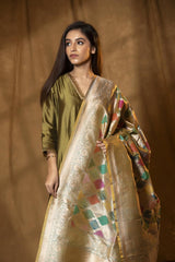 Green Handloom Banarasi Dupatta with Gold Zari Rangkat Stripes
