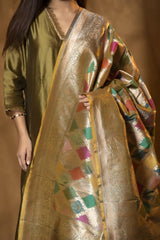 Green Handloom Banarasi Dupatta with Gold Zari Rangkat Stripes