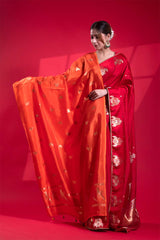 Saffron Banarasi Silk Dupatta with Bird Motifs
