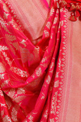 Pink-Red Handloom Katan Silk Dupatta with Gold Zari Floral Jaal
