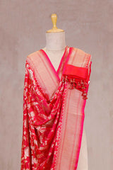 Pink-Red Handloom Katan Silk Dupatta with Gold Zari Floral Jaal