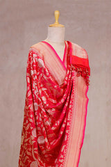 Pink-Red Handloom Katan Silk Dupatta with Gold Zari Floral Jaal