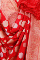 Red Banarasi Katan Silk Dupatta with Zari Polka Dots