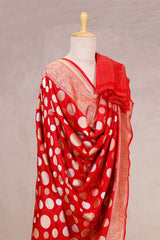 Red Banarasi Katan Silk Dupatta with Zari Polka Dots