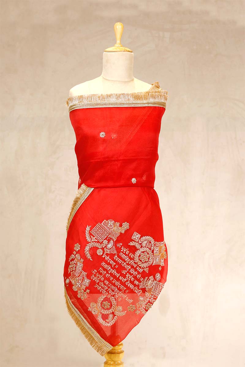 Red Organza Dupatta with Gayatri Mantra Hand Embellishments – Chinaya  Banaras