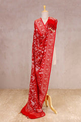 Red Handloom Chiniya Silk Dupatta with Gold Zari Floral Jaal