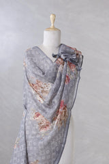 Steel Grey Pure Linen Dupatta with Floral Rose Prints