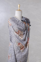Steel Grey Pure Linen Dupatta with Floral Rose Prints